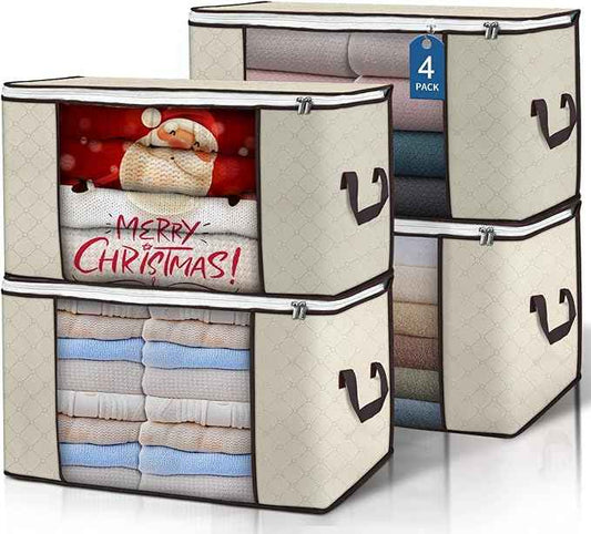90 L Large Storage Bags, 4 Pack Clothes Storage Bins Foldable Closet Organizers Storage Containers with Reinforced Handle for Clothing, Blanket, Comforters, Bed Sheets, Pillows and Toys (Beige)