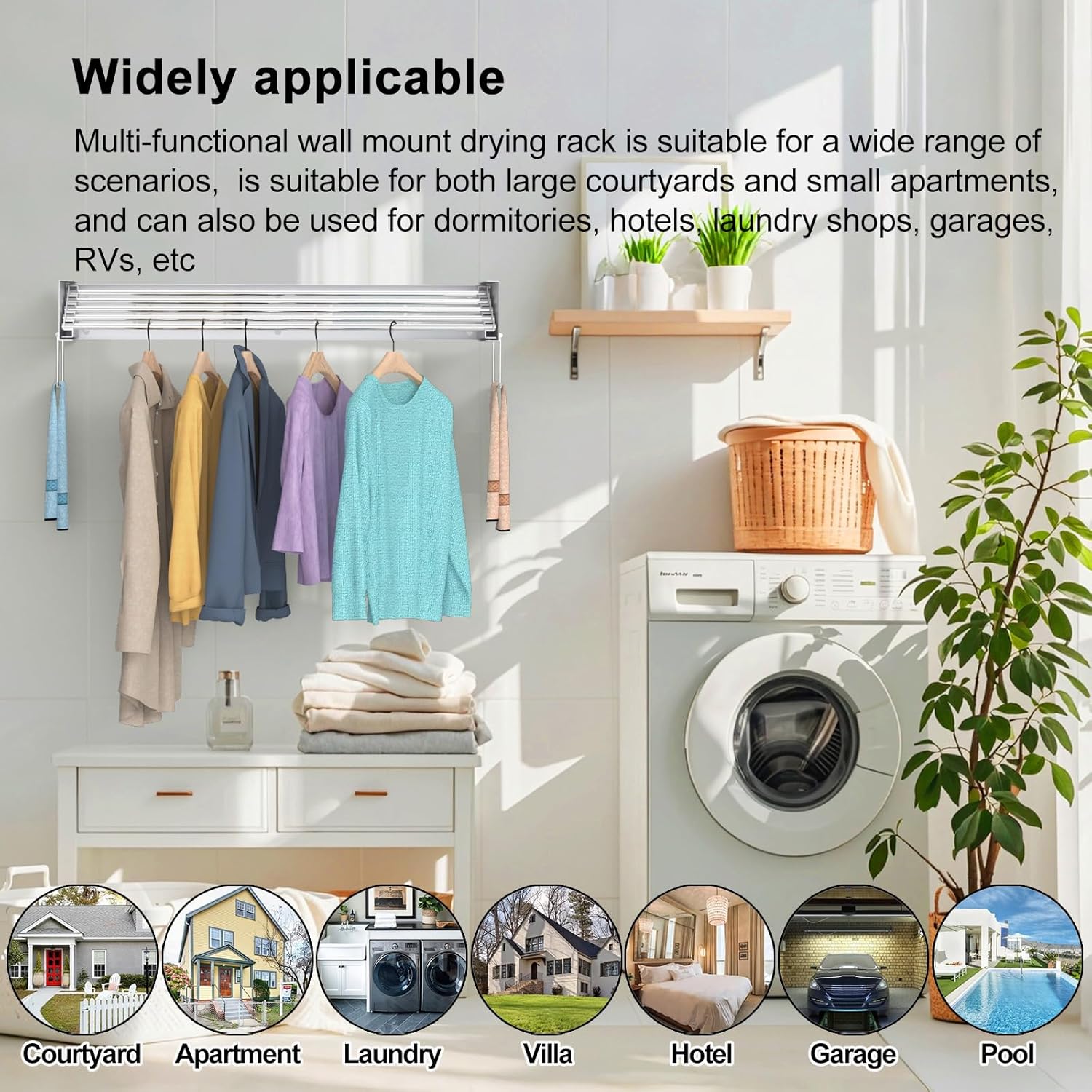 Wall Mounted Drying Rack, Foldable Laundry Rack, Collapsible Drying Rack, 5 Stainless Rods, Wall Mounted Clothing Rod with 2 Towel Bar, 90 lb Capacity, 31.5" White - NestledHome