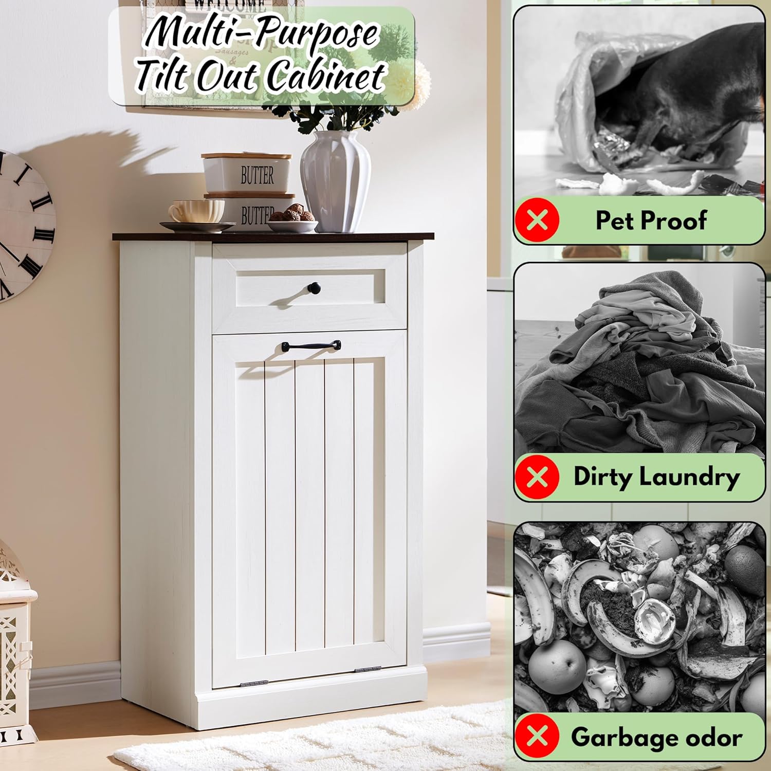 Tilt Out Laundry Hamper Cabinet, 10 Gallon Farmhouse Trash Can Cabinet with Drawer, Hidden Wood Garbage Can Bin Cabinet with Laundry Storage Basket for Bathroom, Kitchen, Antique White - NestledHome