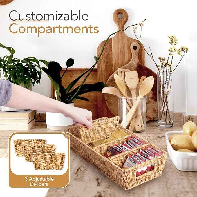 Nature-Inspired Rattan Pantry Organizer Baskets Set of 2 with 3 Removable Dividers – Handwoven Storage Bins for Kitchen or Bathroom Organization, Ideal for Snacks, Coffee & Tea (13” x 7.3” x 3.7”)