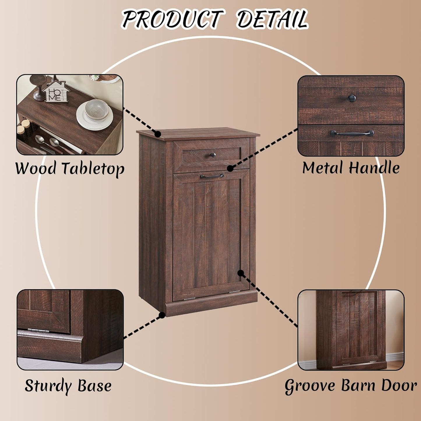 Tilt Out Laundry Hamper Cabinet, 10 Gallon Farmhouse Trash Can Cabinet with Drawer, Hidden Wood Garbage Can Bin Cabinet with Laundry Storage Basket for Bathroom, Kitchen, Brown - NestledHome