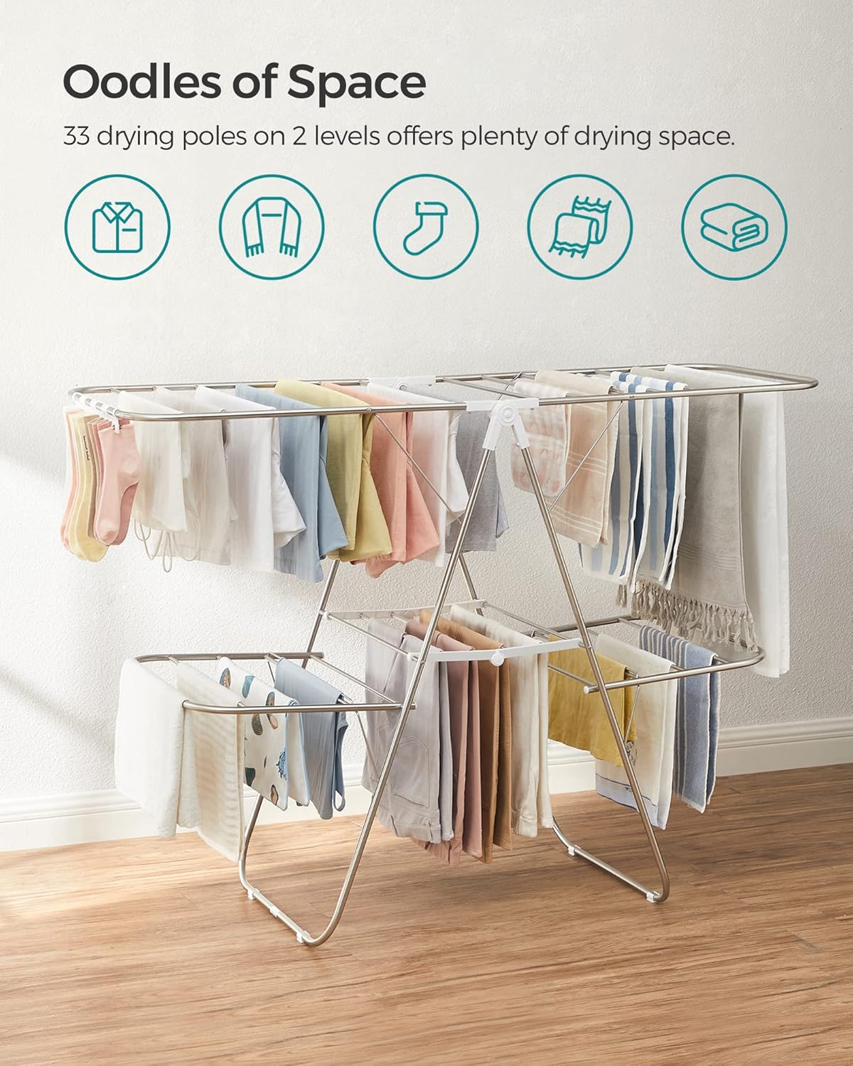 SONGMICS Clothes Drying Rack, Foldable 2-Level Laundry Drying Rack, Free-Standing Laundry Airer, with Height-Adjustable Wings, 33 Drying Rails, Sock Clips, Silver and White ULLR053W01V1 - NestledHome