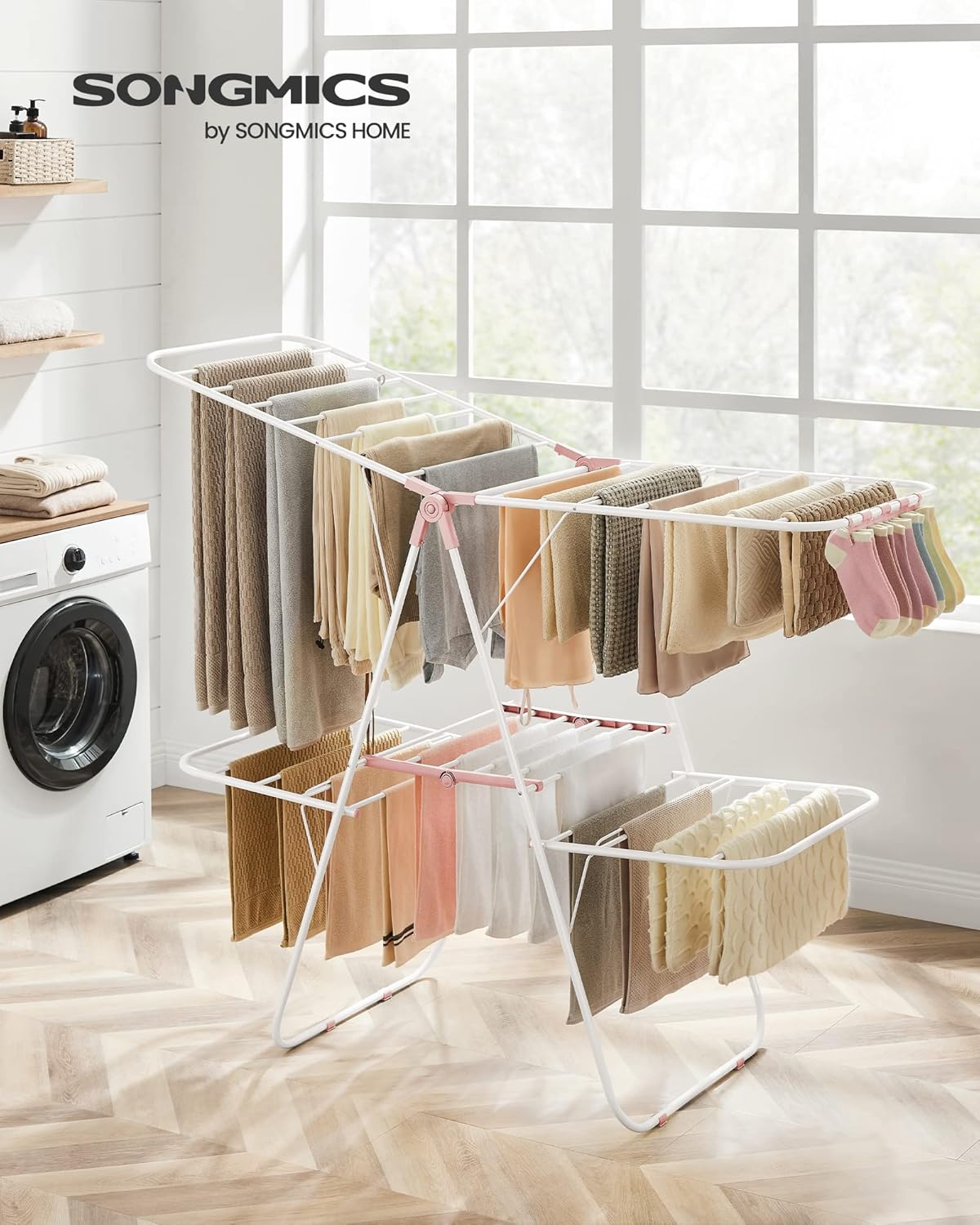 SONGMICS Clothes Drying Rack, Foldable 2-Level Laundry Drying Rack, Free-Standing Laundry Airer, with Height-Adjustable Wings, 33 Drying Rails, Sock Clips, White and Pink ULLR053P01V1 - NestledHome