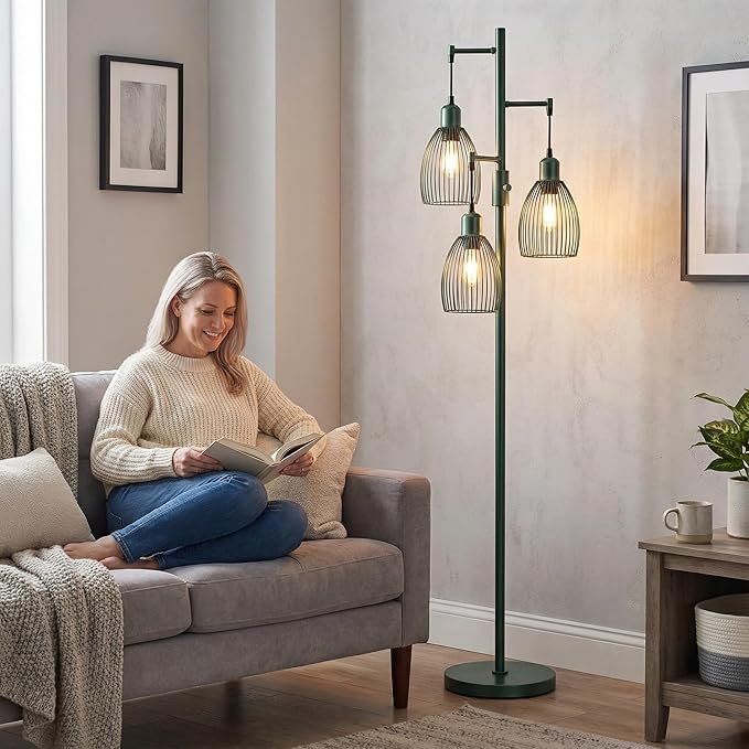 Dimmable Industrial Floor Lamps for Living Room, Green Tree Standing Tall Lamps with 3 Elegant Teardrop Cage Head & 800 Lumens LED Bulbs for Bedroom Office