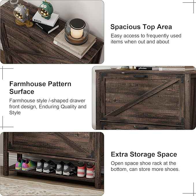 Vabches Shoe Storage Cabinet, Farmhouse Freestanding Organizer with 2 Flip Drawers, Wooden Hidden Narrow Slim Shoe Rack Cabinet for Entryway, Hallway, Foyer, Dark Oak
