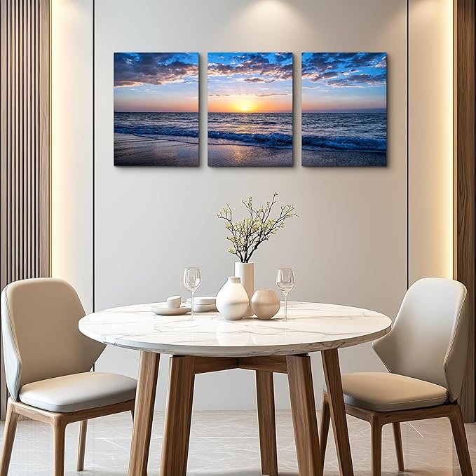 Canvas Wall Art For Living Room Sunrise Blue Sea View Landscape Wall Decor Canvas Prints Artwork Ocean Ready To Hang For Modern Bedroom Bathroom Office Home Decoration 20" X 28" 3 Pieces Framed Panels