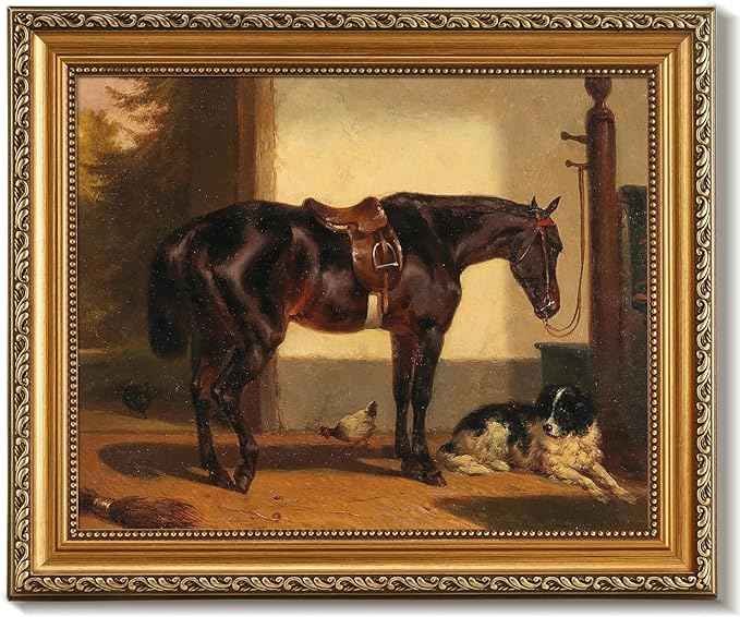 uniro Vintage Gold Framed Wall Art for Home Decor, Farmhouse Wall Decor Horse Canvas Artwork, Antique Animal Farm Poster Equestrian Wall Art for Nursery Wall Decor, Rustic Horse Aesthetic Picture for Bathroom, Living Room, Desktop decor - 8x10Inch