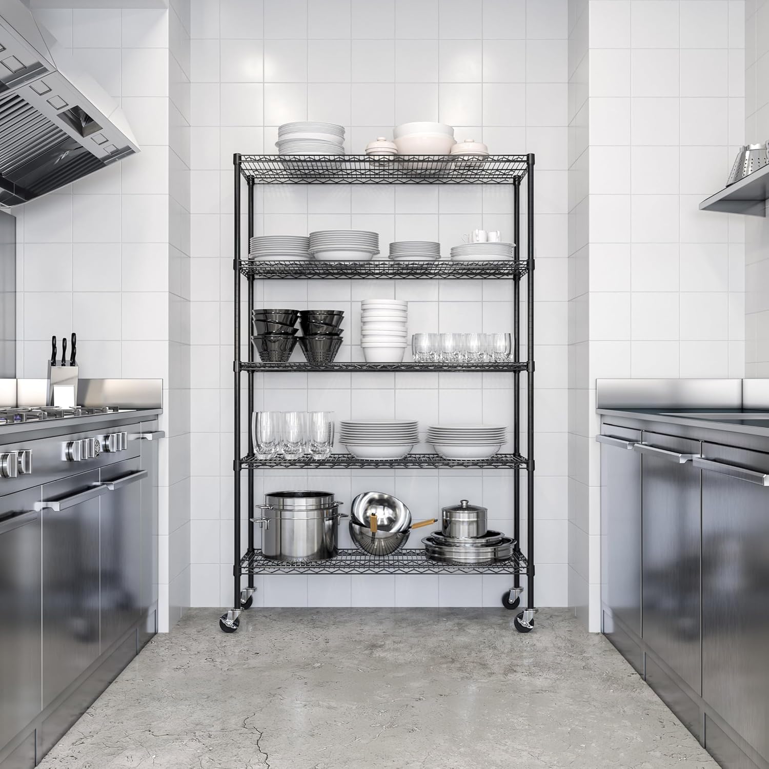Seville Classics UltraDurable Heavy Duty NSF Solid Steel Wire Rack Storage Unit, Organizer for Garage, Warehouse, Office, Restaurant, Classroom, Kitchen, Black, 5-Tier Shelving, 48" W x 18" D - NestledHome