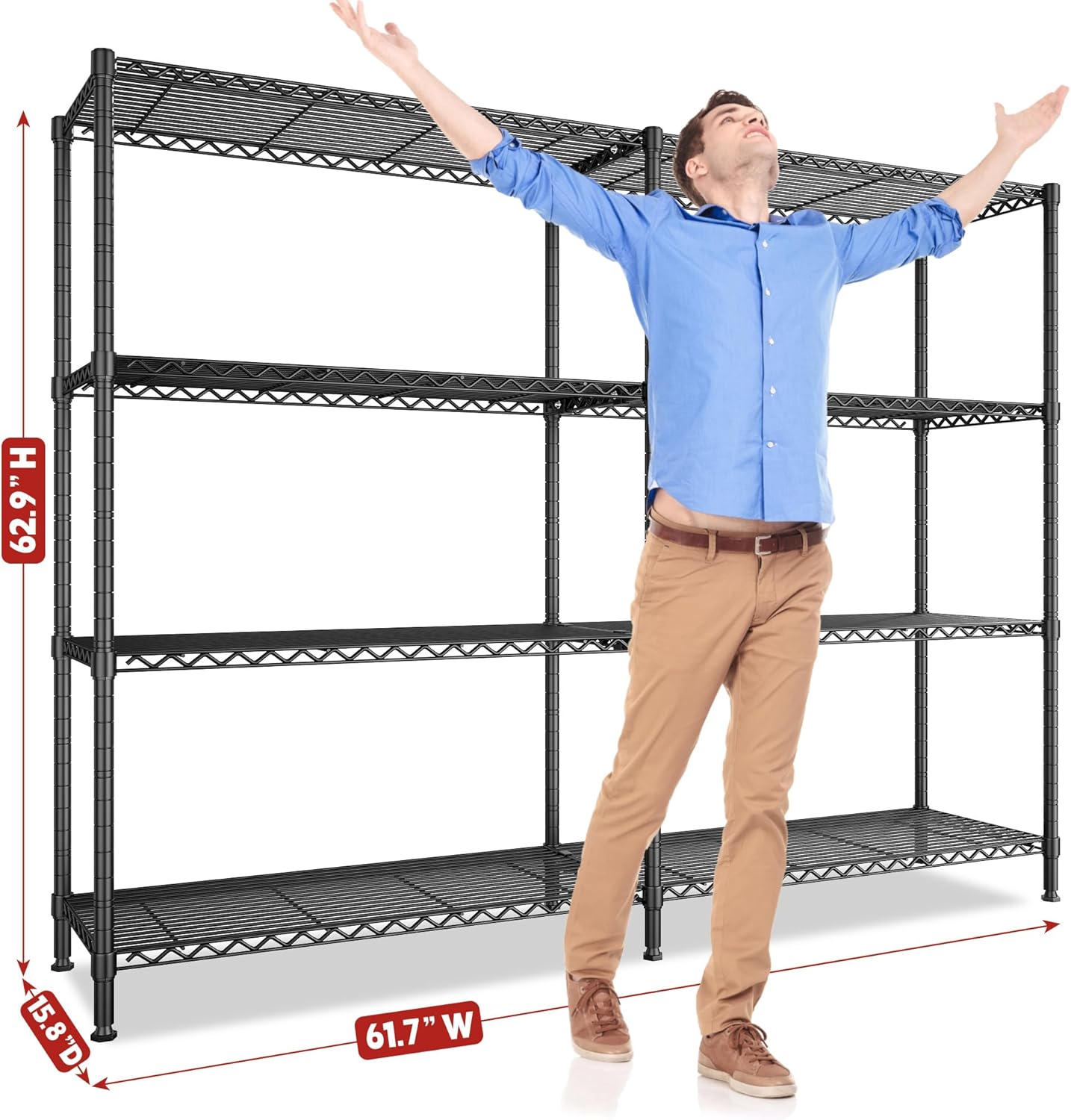 REIBII 61.7''W Storage Shelves Load 1220LBS Wire Shelving Unit 4 Tier Metal Shelving for Storage Rack Shelves Heavy Duty Garage Shelf Pantry Shelves Kitchen Shelving, 61.7" W*62.9" H*15.8" D, Black - NestledHome