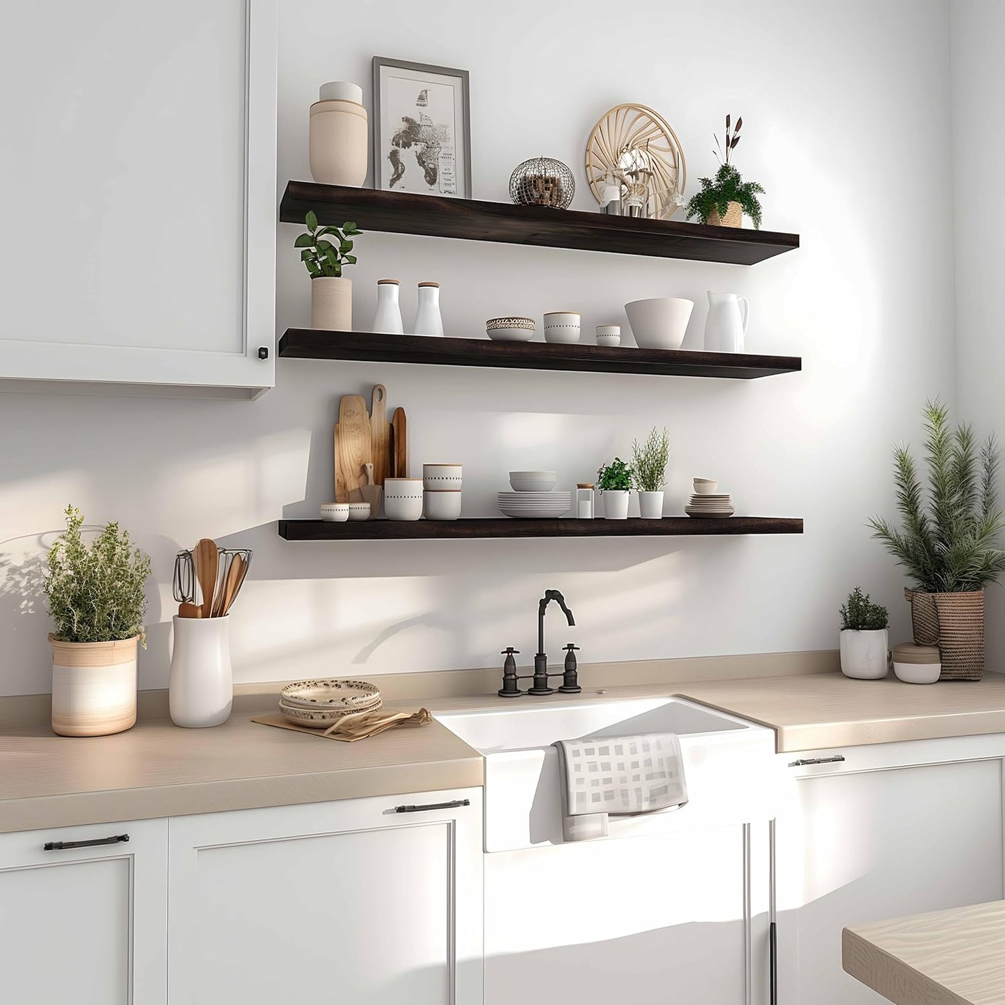 Wood Floating Shelves for Wall Decor, Rustic Wall Shelves for Bedroom Bathroom Kitchen Living Room, Set of 4 Walnut 36 Inch - NestledHome