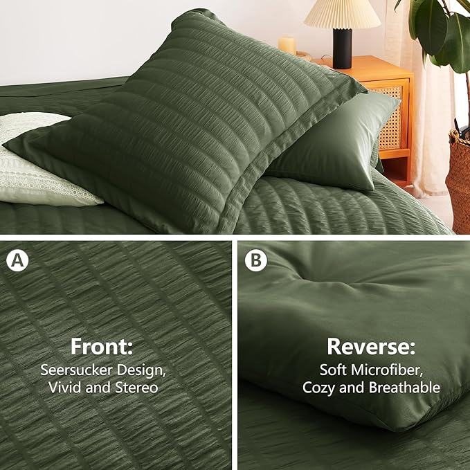 CozyLux Oversized King Comforter Set Olive Green Seersucker 7 Pieces Bed in a Bag King Comforter Set with Sheets, Luxury Soft Bedding Set with Down Alternative Comforter, Sheets, Pillowcases & Shams