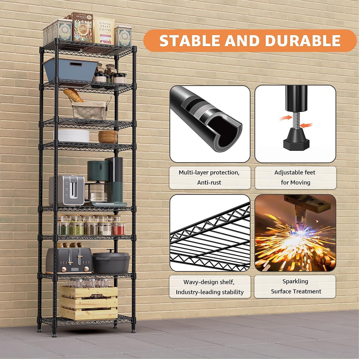 8 Tier 2000 lbs Storage Rack Metal Wire Shelving Unit, Storage Standing Shelf Organizer for Laundry Bathroom Kitchen Pantry Closet Garage Basement Utility Room, Black 13.8" D x 23.6" W x 79.5" H - NestledHome