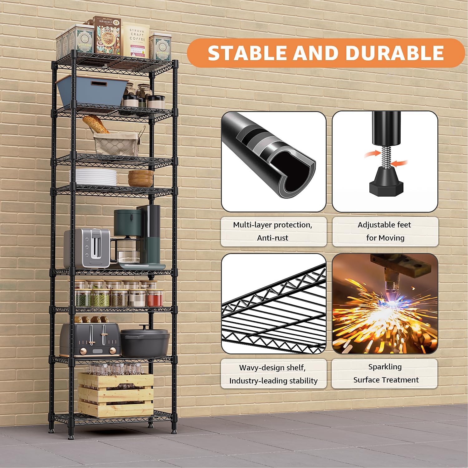 8 Tier 2000 lbs Storage Rack Metal Wire Shelving Unit, Storage Standing Shelf Organizer for Laundry Bathroom Kitchen Pantry Closet Garage Basement Utility Room, Black 13.8" D x 23.6" W x 79.5" H - NestledHome