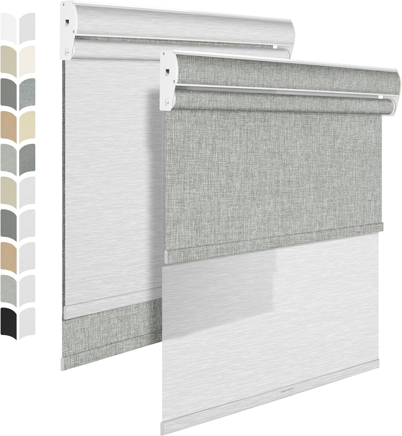 BERISSA Cordless Dual Roller Shades with Cassette Valance, Double Window Shades - Blackout and Light Filtering, Day and Night for Home Office Door. Linen Grey and White. 53 W x 80" H