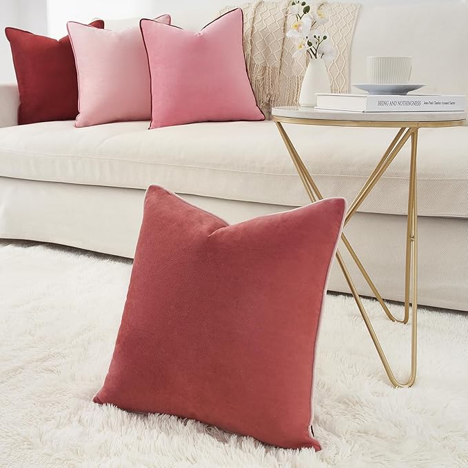 MONDAY MOOSE Decorative Throw Pillow Covers Cushion Cases, Set of 4 Soft Velvet Modern Double-Sided Designs, Mix and Match, Pillow Inserts Not Included (18x18 inch, Pink/Dark Pink)