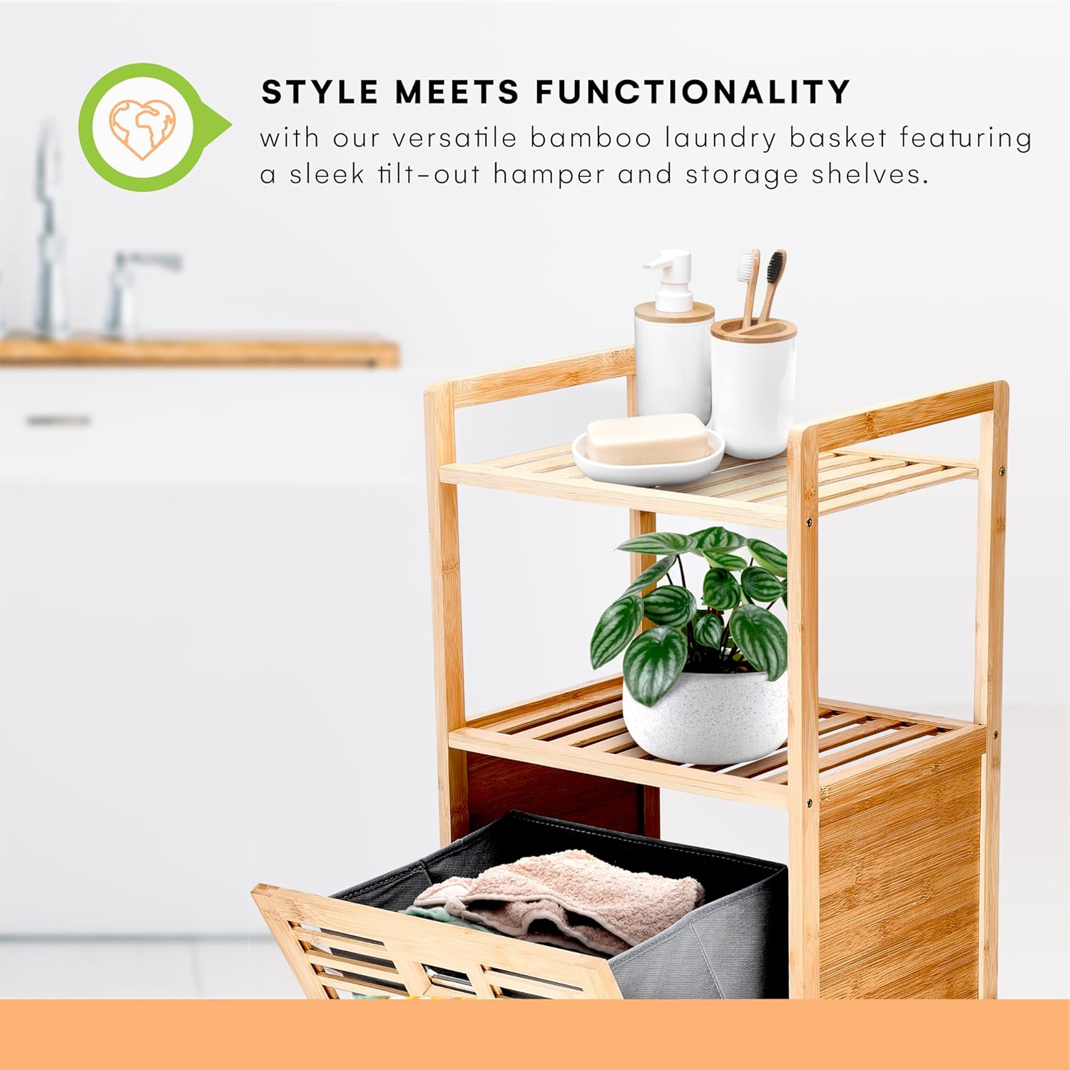 Prosumer’s Choice Bamboo Tilt-Out Laundry Hamper with 2-Tier Storage Shelves – Freestanding Clothes Hamper with Removable Liner, Space-Saving Design for Bathroom or Bedroom – 15.5”L x 11.8”W x 37.4”H - NestledHome