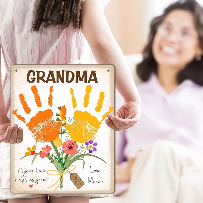 Custom DIY Baby Handprint Flowers Wooden Hanging Sign, Personalized Flowers for Grandma with Kids Handprint, Baby's First Mothers Day Gifts for Grandma, Kids Art Craft, Thanks for Helping Us Grow
