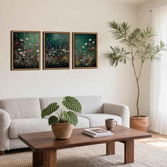Vintage Wildflower Wall Art Set of 3, Moody Dark Green Flower Botanical Wall Decor Paintings,Nature Floral Farmhouse Landscape Posters Prints Pictures for Living Room Bedroom 16x24 Inch Wood Framed