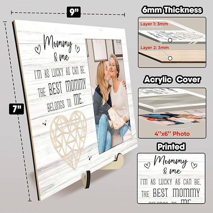 4x6 Covered Mommy and Me Picture Frame Portrait with Keychain, I'm as Lucky as Can Be Wooden Photo Plaque Appreciation Mothers Day Birthday Gifts for New Mom Grandma Nana from Son Daughter HU-FR323