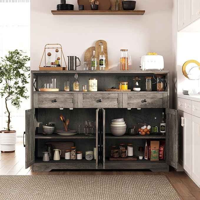 Farmhouse Buffet Cabinet with Drawers, Sideboard with Storage, Kitchen Pantry Cabinet Hutch, Wood Coffee Bar Station for Kitchen, Livingroom, 52" L Rustic Grey
