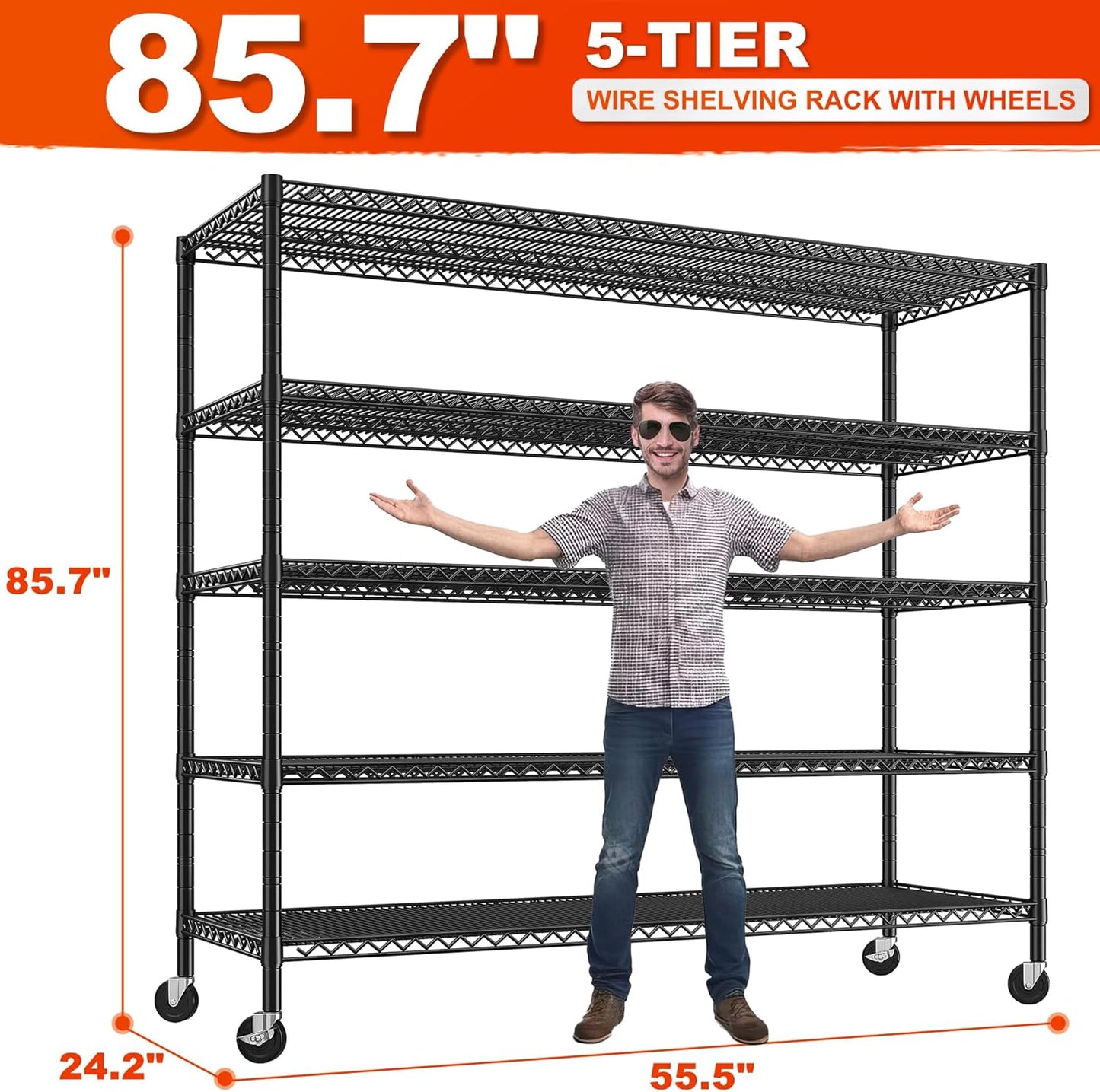 REIBII 85.7"H Storage Shelves 2998LBS Metal Shelving Units with Wheels&Feet, 5 Tier Garage Shelving Heavy Duty Adjustable Wire Shelf for Pantry Garage Commercial Industrials, 85.7"H X 55.5"W X 24.2"D - NestledHome