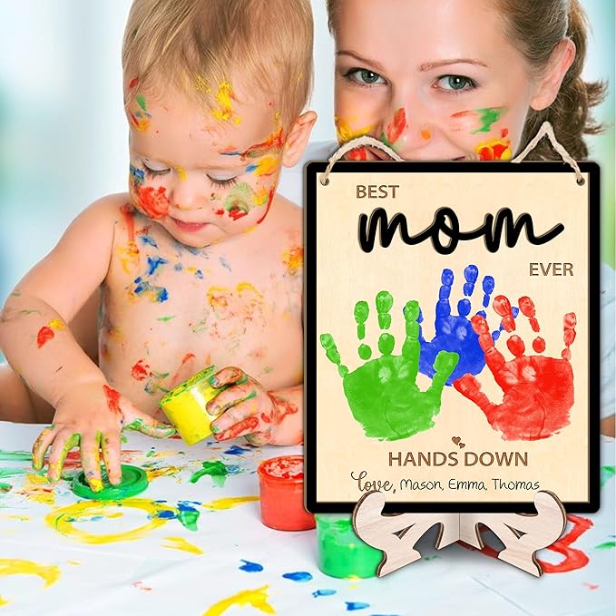 Mommy Handprint Art Sign, DIY Mothers Day Handprint Plaque and Keychain Set, Family Handprints Sign, Birthday Mother's Day Gifts for Mom from Kids, Crafts Keepsake Memory, Best Mom Ever Hands Down
