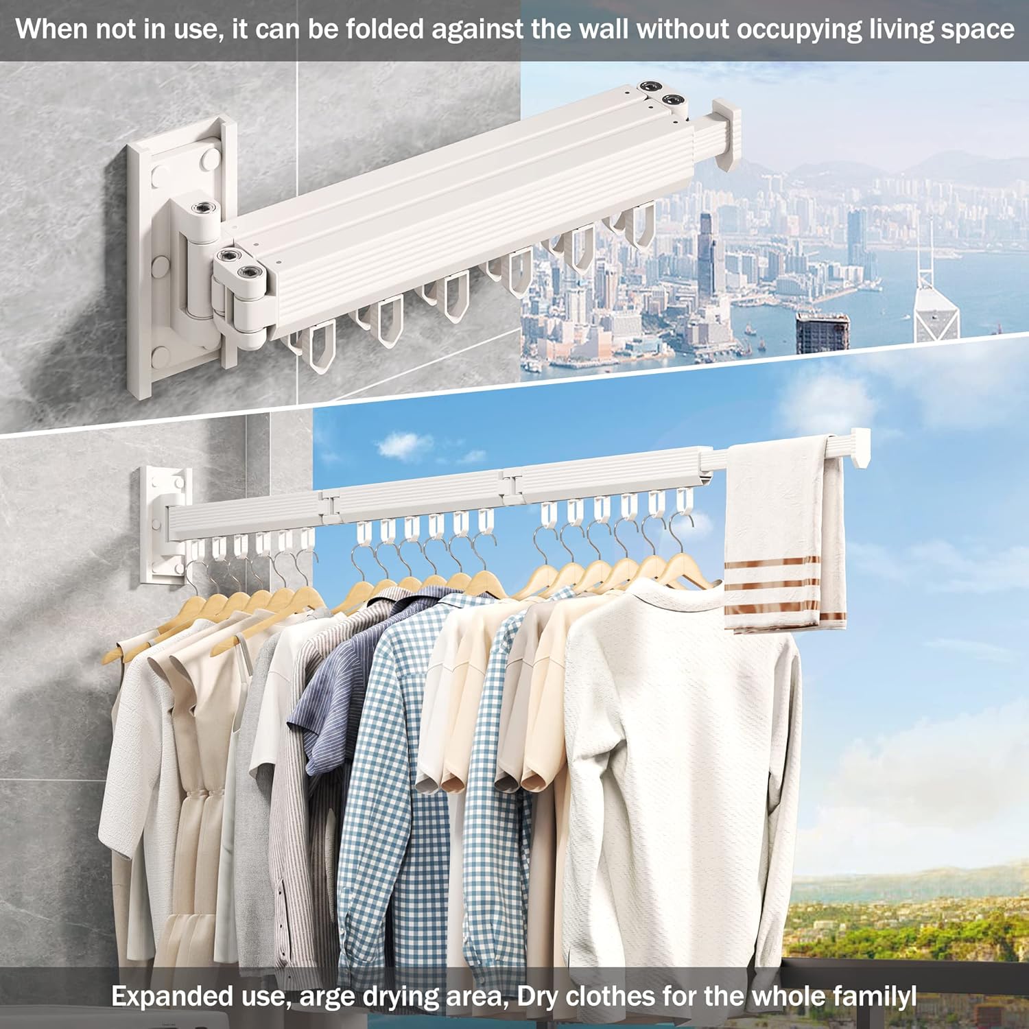 Wall Mounted Clothes Drying Rack, Retractable Laundry Rack for Hanging Clothes, Collapsible, Foldable, White-Rings - NestledHome