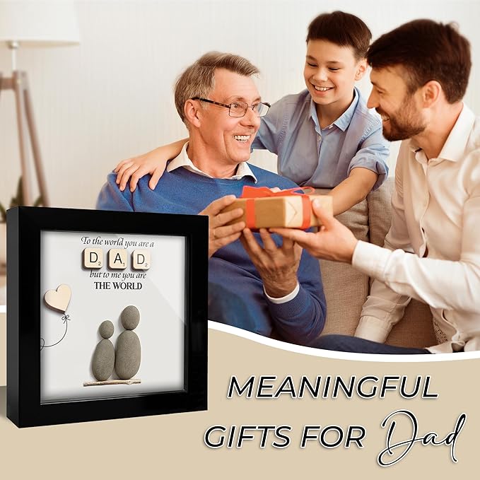 Dad Gifts Pebble Art Framed Thank You Gifts for Dad from Daughter Son, To the World You Are a Dad Family Rock Frame Wall Art Birthday Gift for Him Daddy Papa Grandpa Desk Decor S19