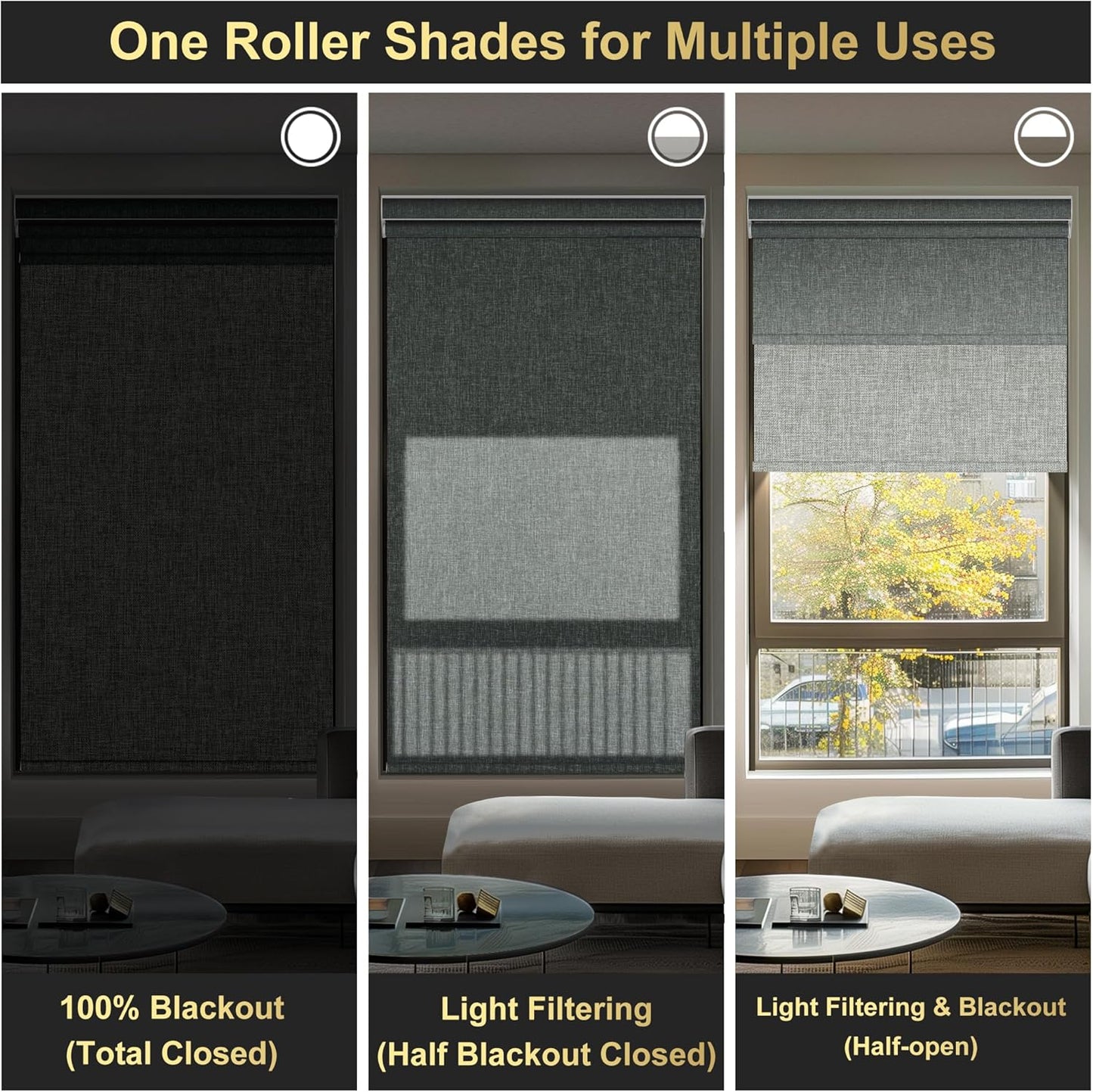 BERISSA Dual Roller Shades with Cassette Valance - Double Blackout and Light Filtering Shades - Day and Night for Home Office Door - Linen Grey - 53 W x 44" H