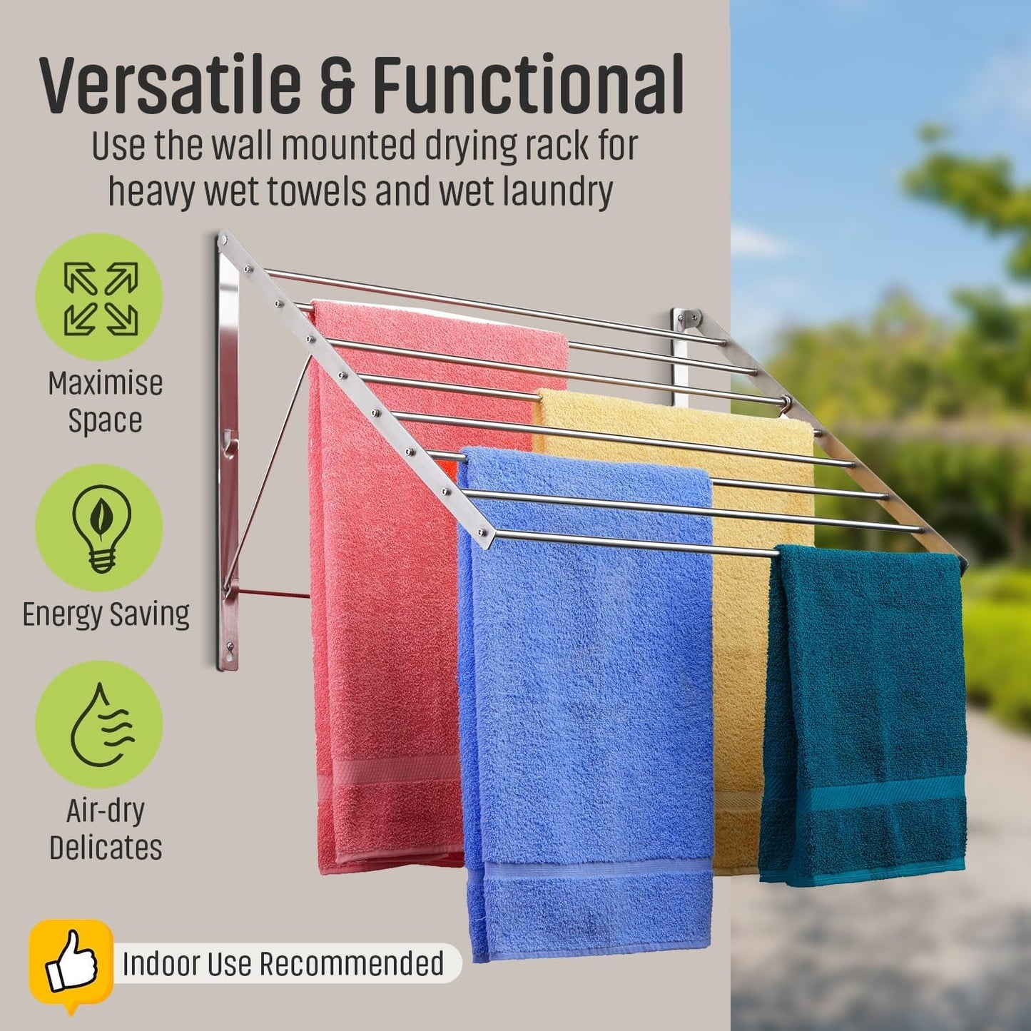 Smartsome | Wall Mounted | Clothes Drying Rack | 30" Wide | 20 Linear Feet Capacity | 8 Smooth Round Stainless Steel Rods | 60 lb Capacity | Fully Assembled | Compact Sturdy Space-Saving Design - NestledHome
