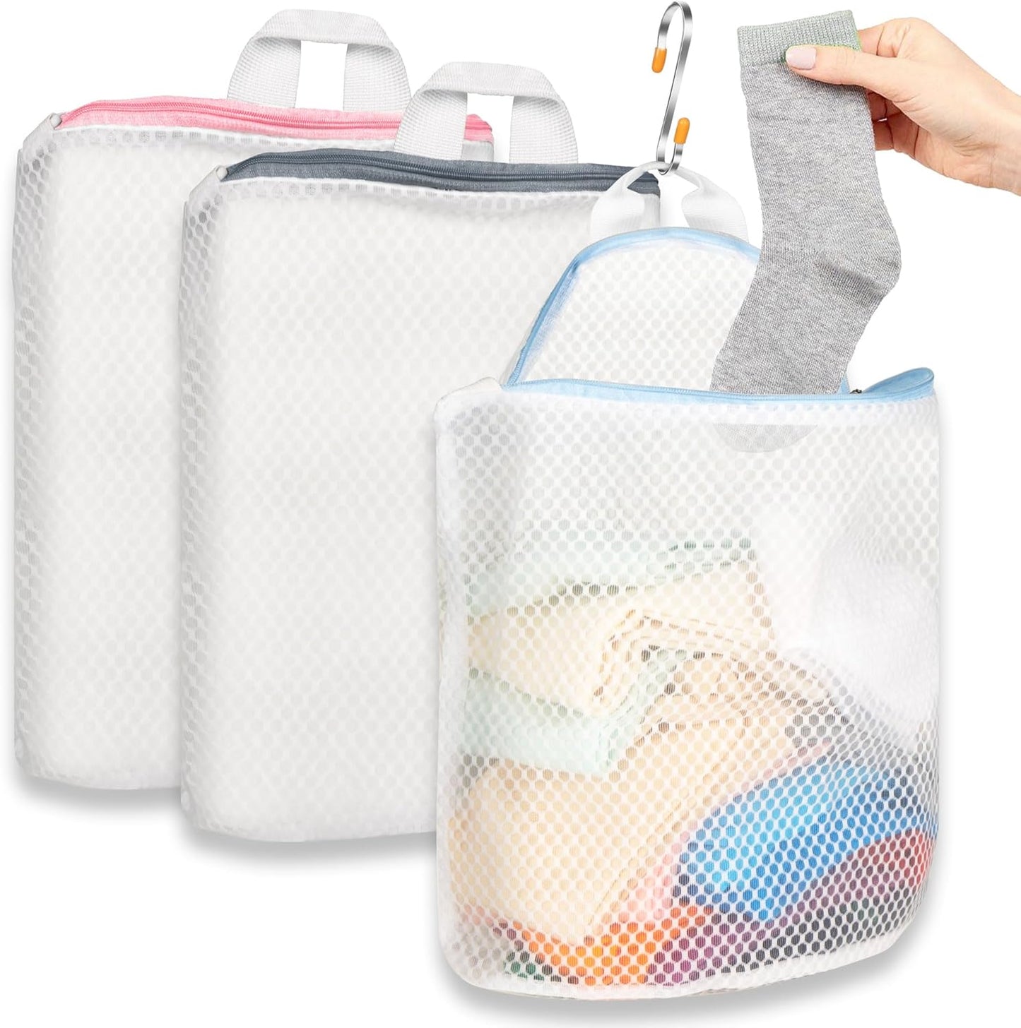 3Pcs Hanging Laundry Bags for Socks with S Hooks, 3 Color Mesh Laundry Bags for Washing Machine - NestledHome