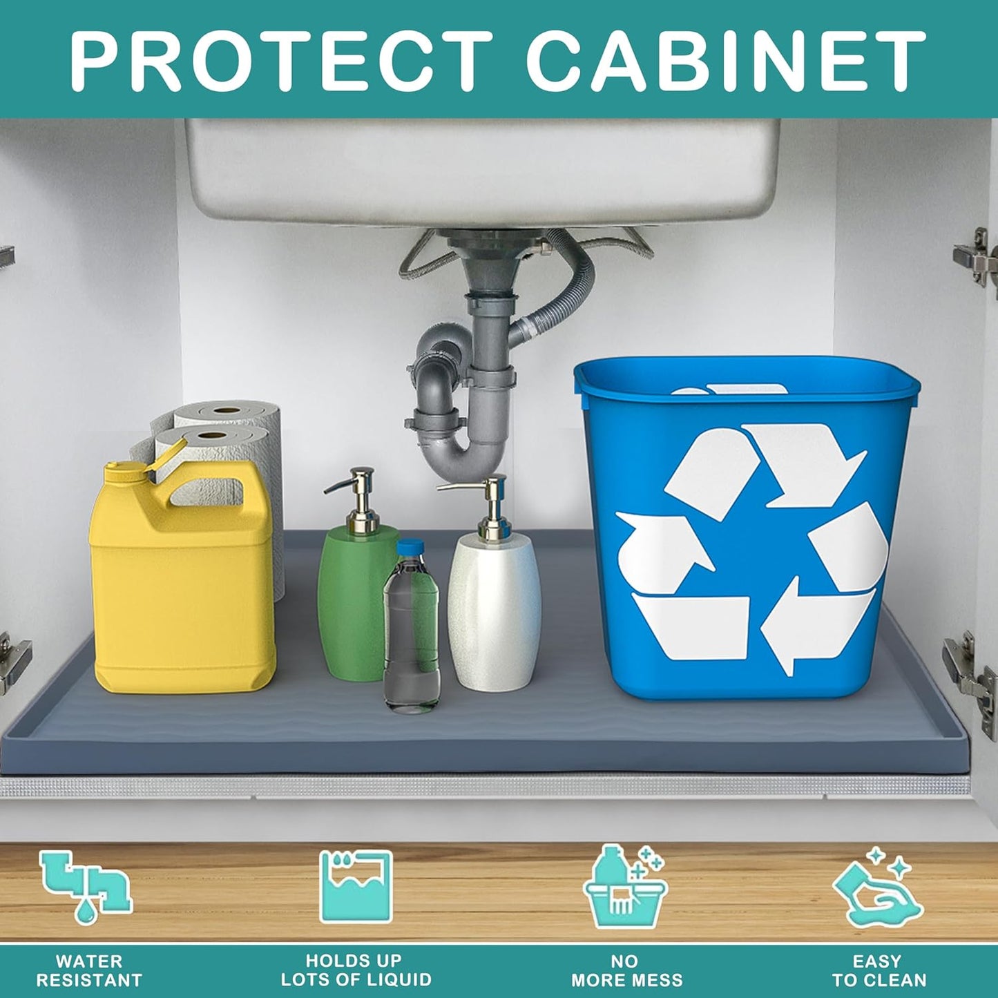 URMONA Waterproof Silicone Under Sink Mat 22'' x 19'' Shelf Liner for Kitchen and Bathroom, Cabinet and Counter Protector, Storage and Organizers, Litter Mat, Pet Cat Puppy Essentials(Beige) - NestledHome