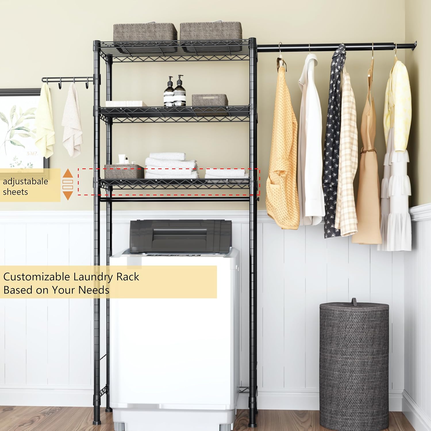 Over Washer and Dryer Shelves,3 Tier Adjustable Wire Shelving Laundry Room Storage Organization Clothes Drying Rack with Mounted on the Wall Expandable Hanger Rods&Hook,55"~74.5"Wx13.4"Dx77"H - NestledHome