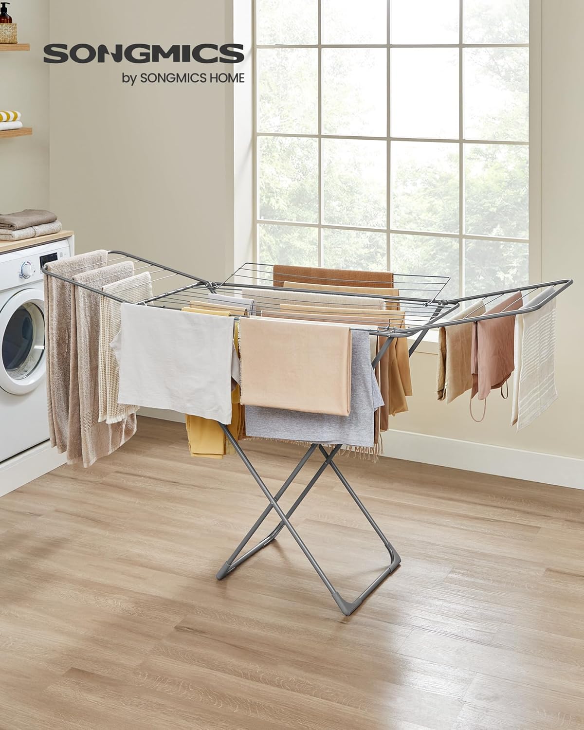 SONGMICS Clothes Drying Rack, Metal Laundry Drying Rack, Foldable, Space-Saving, Free-Standing Airer, with 4 Gullwings, Indoor Outdoor Use, Bed Linen Clothing, Gray ULLR541G01 - NestledHome