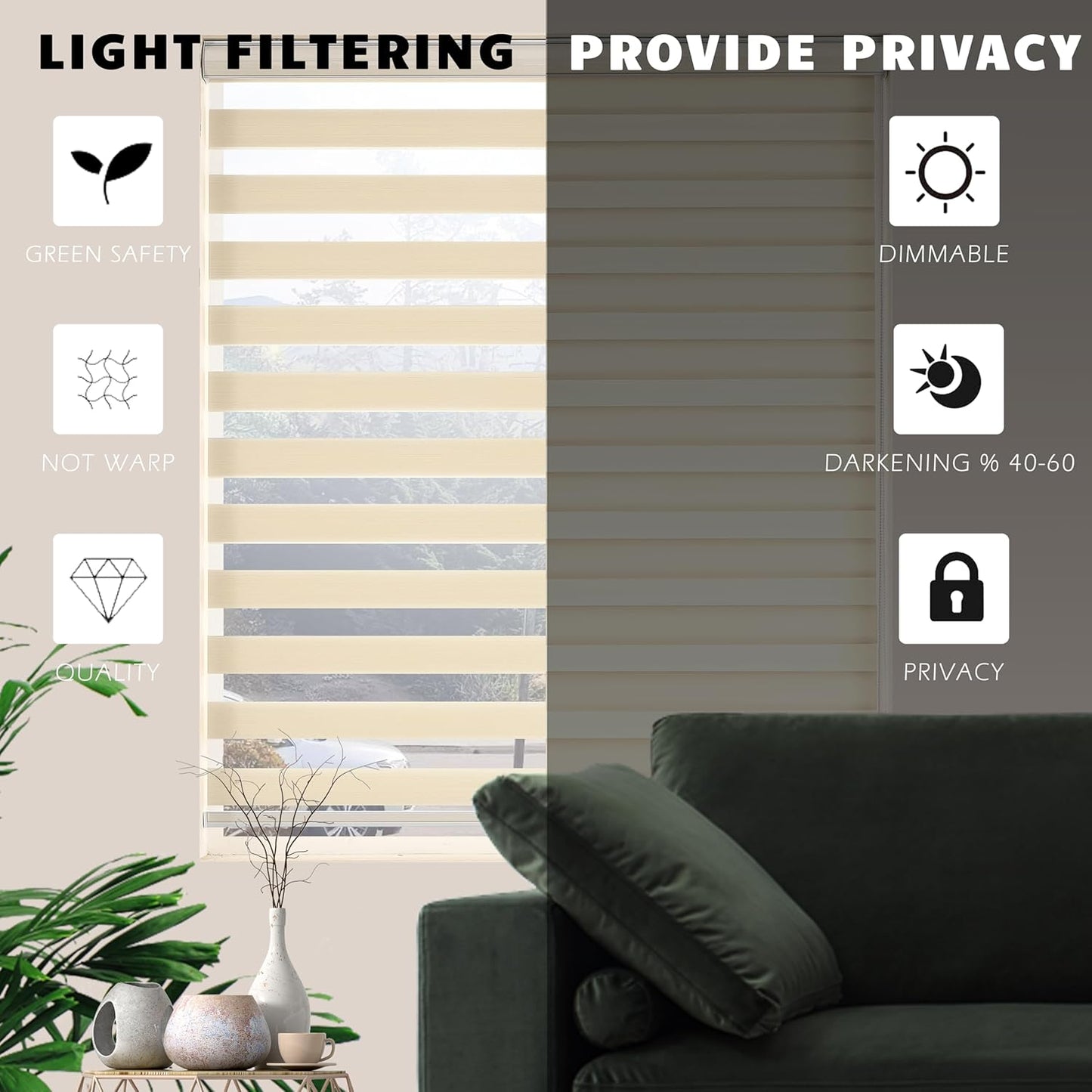 Custom Cut Size Zebra Blinds for Windows Privacy Light Filtering Zebra Shades Dual Layer Blinds for Indoor Windows(Custom Size Cream Color)