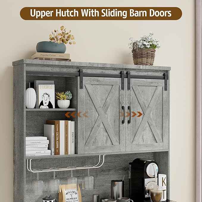 Vabches 67.7 Inch Farmhouse Pantry Storage Cabinet with Sliding Barn Doors, 2 Drawer Farmhouse Coffee Cabinet with Adjustable Shelf, Side Board with Buffet Cupboard for Kitchen, Livingroom.Gray