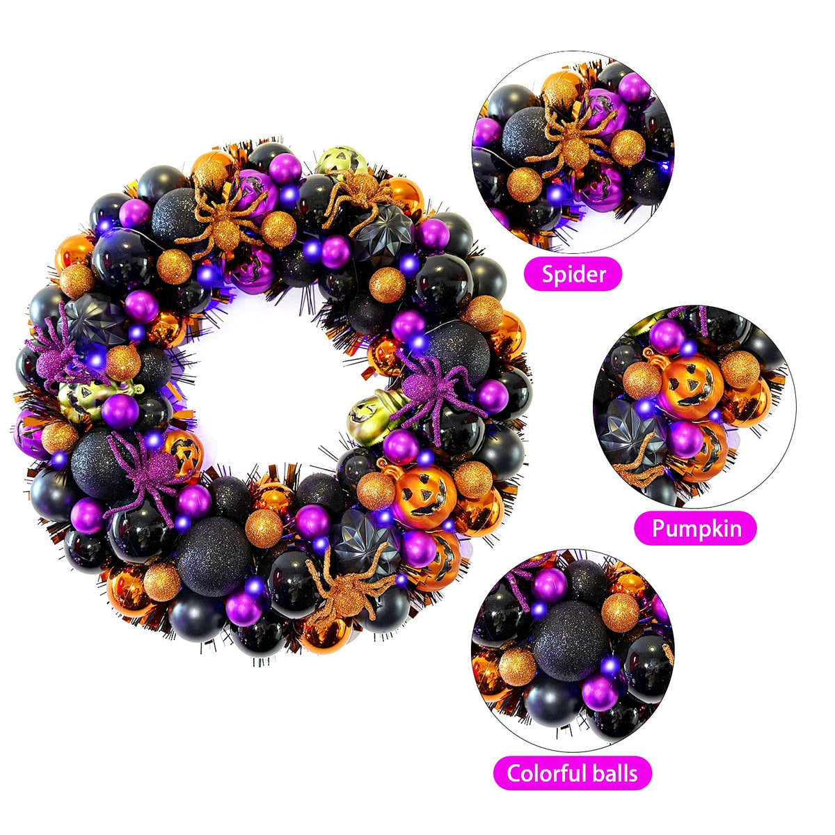 17 Inch Halloween Ball Wreath for Front Door with Lights