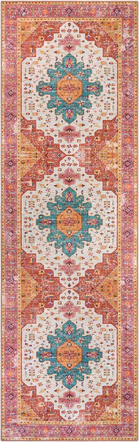 Moynesa Ultra-Thin Washable Runner Rug - 2'6"x8' Pink Runners for Hallways, Boho Non-Slip Bedroom Rug Runner, Vintage Oriental Medallion Kitchen Carpet Runner for Home Entrance Decor