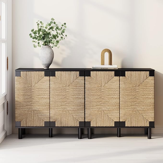 Nathan James Beacon Accent Natural Sideboard Storage Cabinet TV Stand in Wire-Brushed Wood with Adjustable Interior Shelf and Seagrass Doors, for Hallway, Entryway or Dining Room, Black, Set of 2