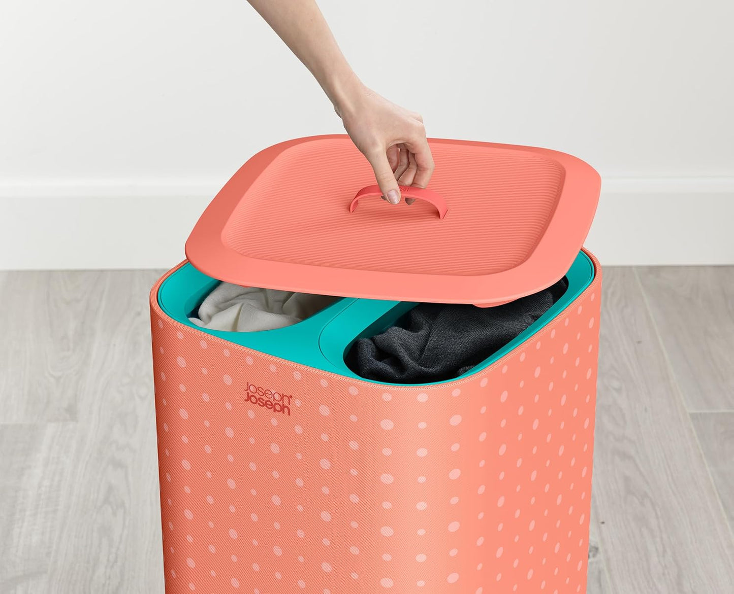 Joseph Joseph Tota Pop 60 liter/15.8 gallon Laundry Hamper Separation Basket with lid, 2 Removable Washing Bags with Handles- Coral/Green - NestledHome