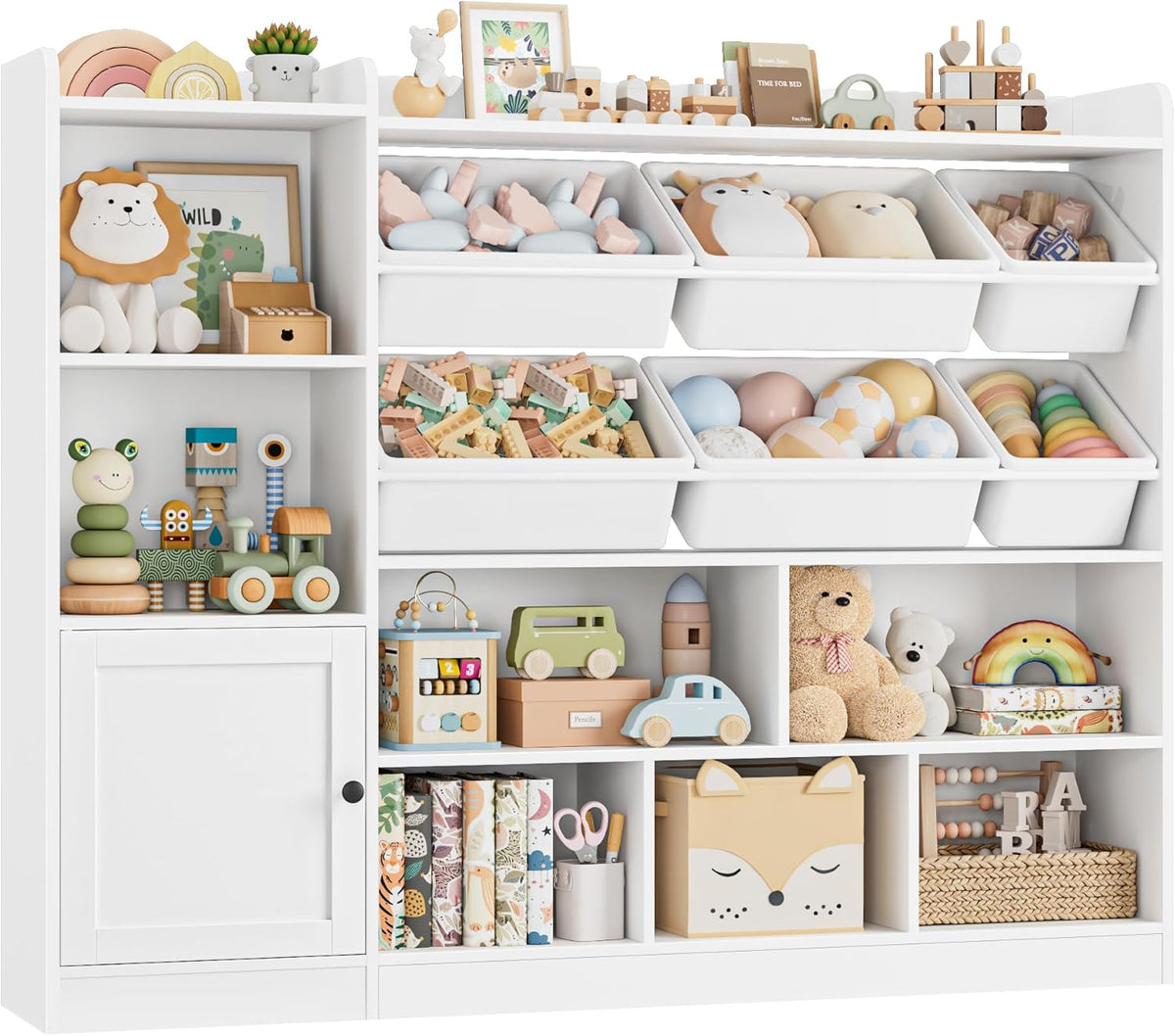 Toy Storage Organizer, 55” Wide Toy Organizers and Storage with 8 Storage Cubbies & 6 Toy Bins, Large Toy Box with Bookshelf, Playroom Storage for Playroom, White - NestledHome