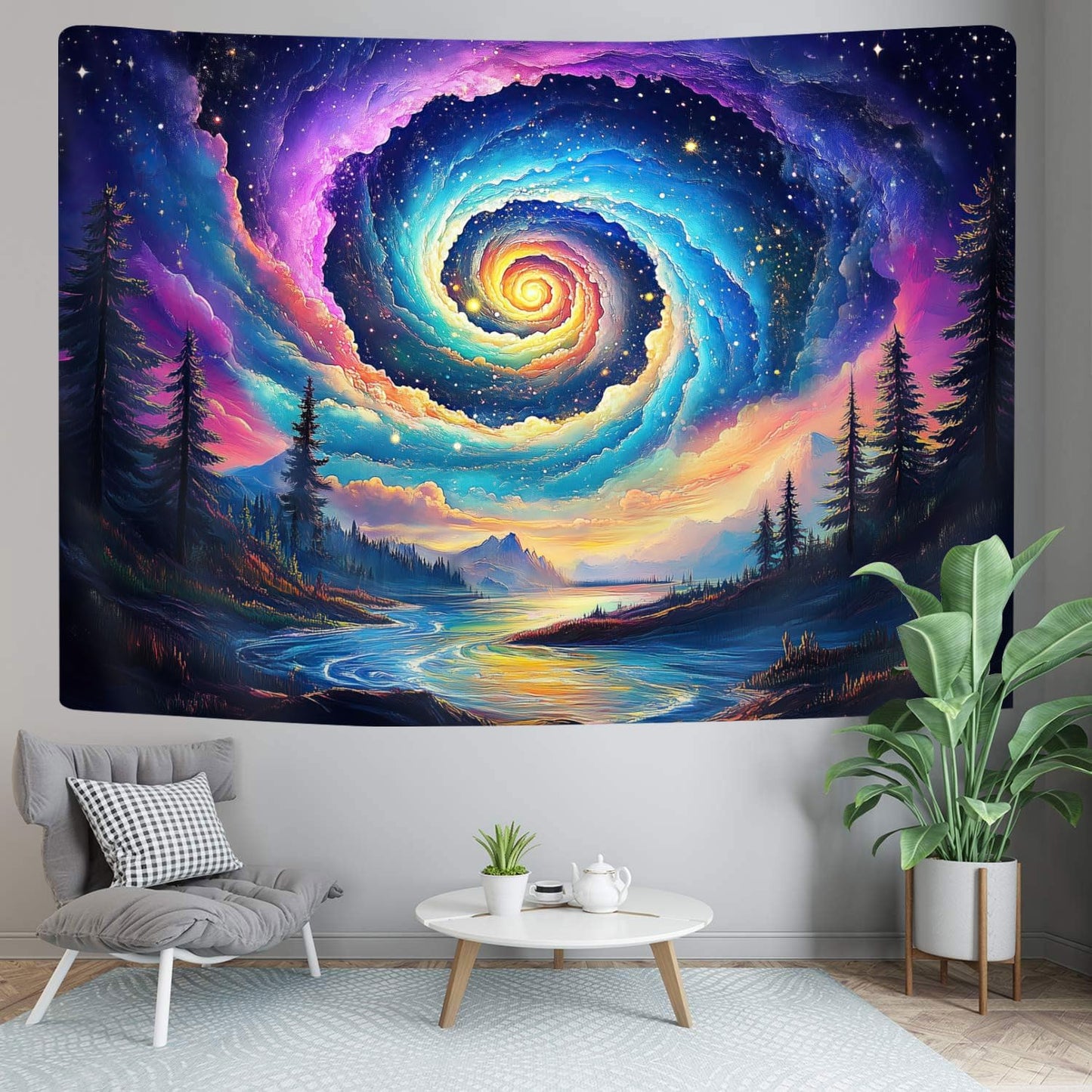 Galaxy Space Tapestry, Cool Colorful Trippy Forest Mountain River Aesthetic Tapestries, Psychedelic Starry Sky Swirls Misty Fantasy Landscape Tapestry Wall Hanging College Bedroom for Guys Men 80X60