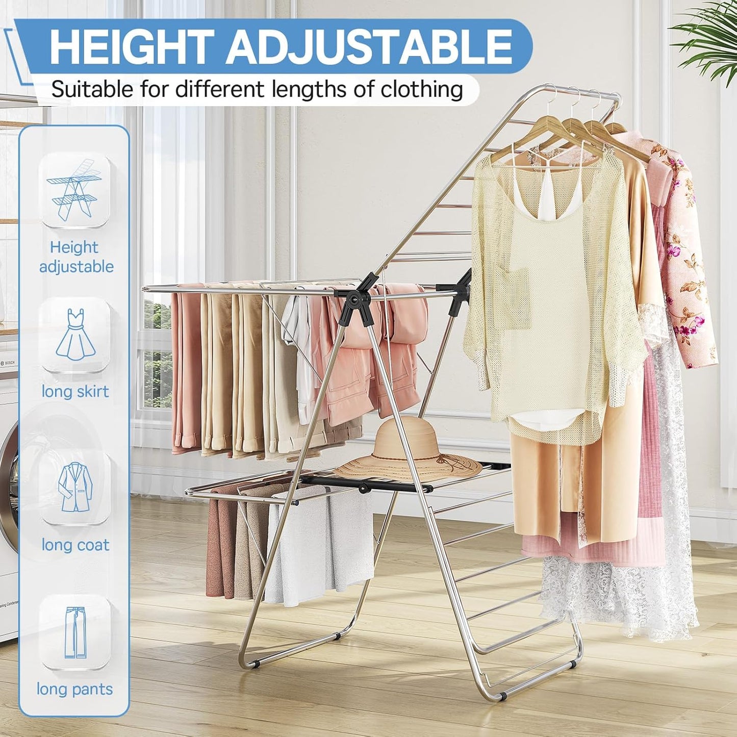 APEXCHASER Clothes Drying Rack with 4 Wings, Drying Rack Clothing with Height-Adjustable, Foldable Gullwings Laundry Drying Rack, Indoor Outdoor Use, No Assembly, Black - NestledHome