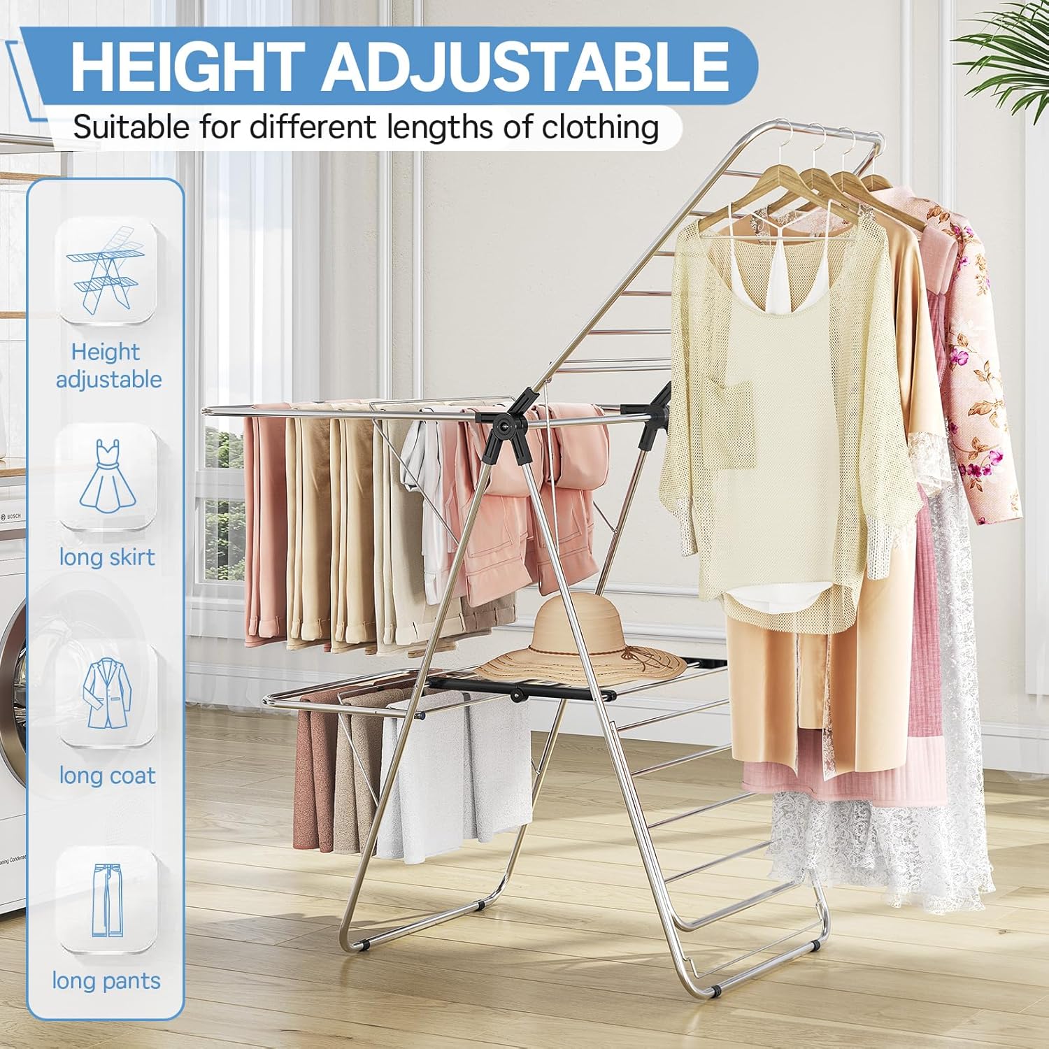 APEXCHASER Clothes Drying Rack with 4 Wings, Drying Rack Clothing with Height-Adjustable, Foldable Gullwings Laundry Drying Rack, Indoor Outdoor Use, No Assembly, Black - NestledHome