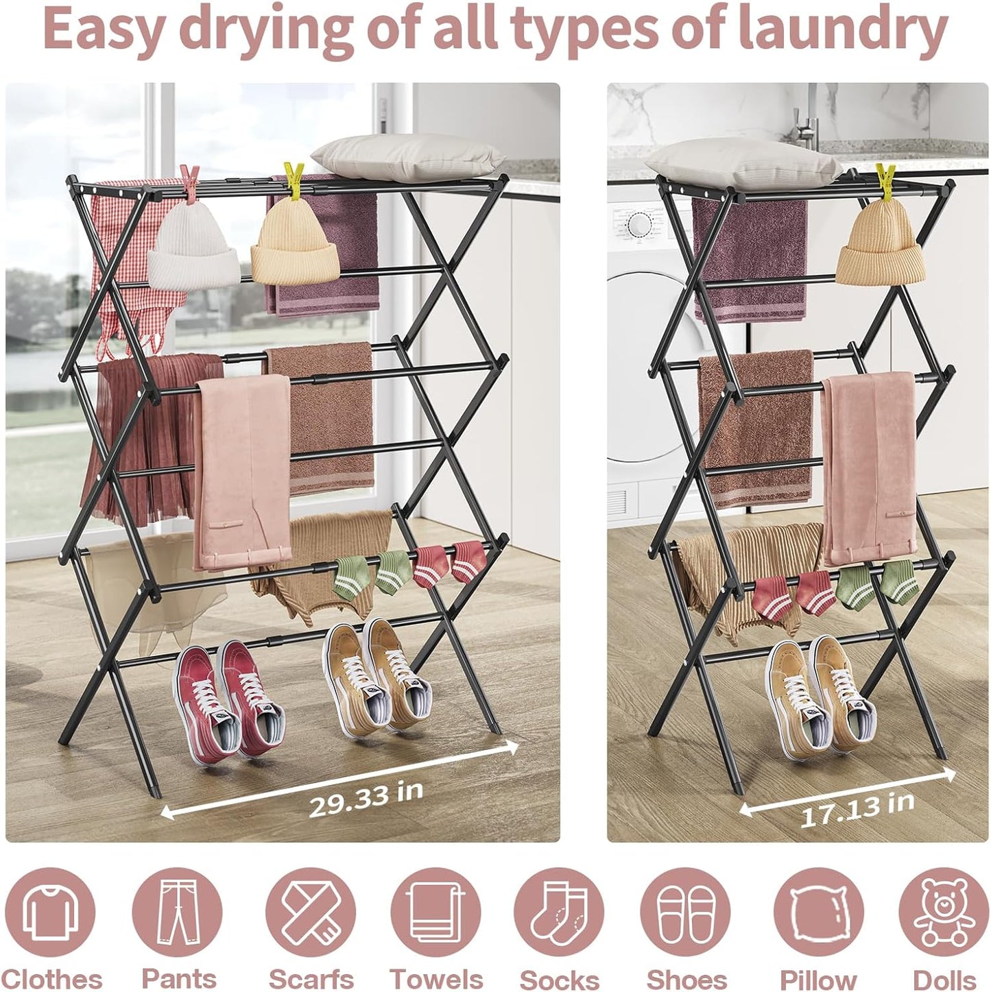 APEXCHASER Clothes Drying Rack, 3-Tier Laundry Drying Rack for Clothes, Expandable Metal Clothing Dryer, Collapsible Towel Rack, Air Drying Rack, Black - NestledHome