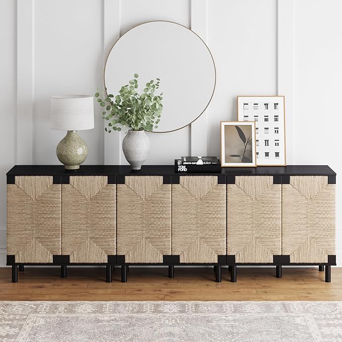 Nathan James Beacon Accent Natural Sideboard Storage Cabinet TV Stand in Wire-Brushed Wood with Adjustable Interior Shelf and Seagrass Doors, for Hallway, Entryway or Dining Room, Black, Set of 3