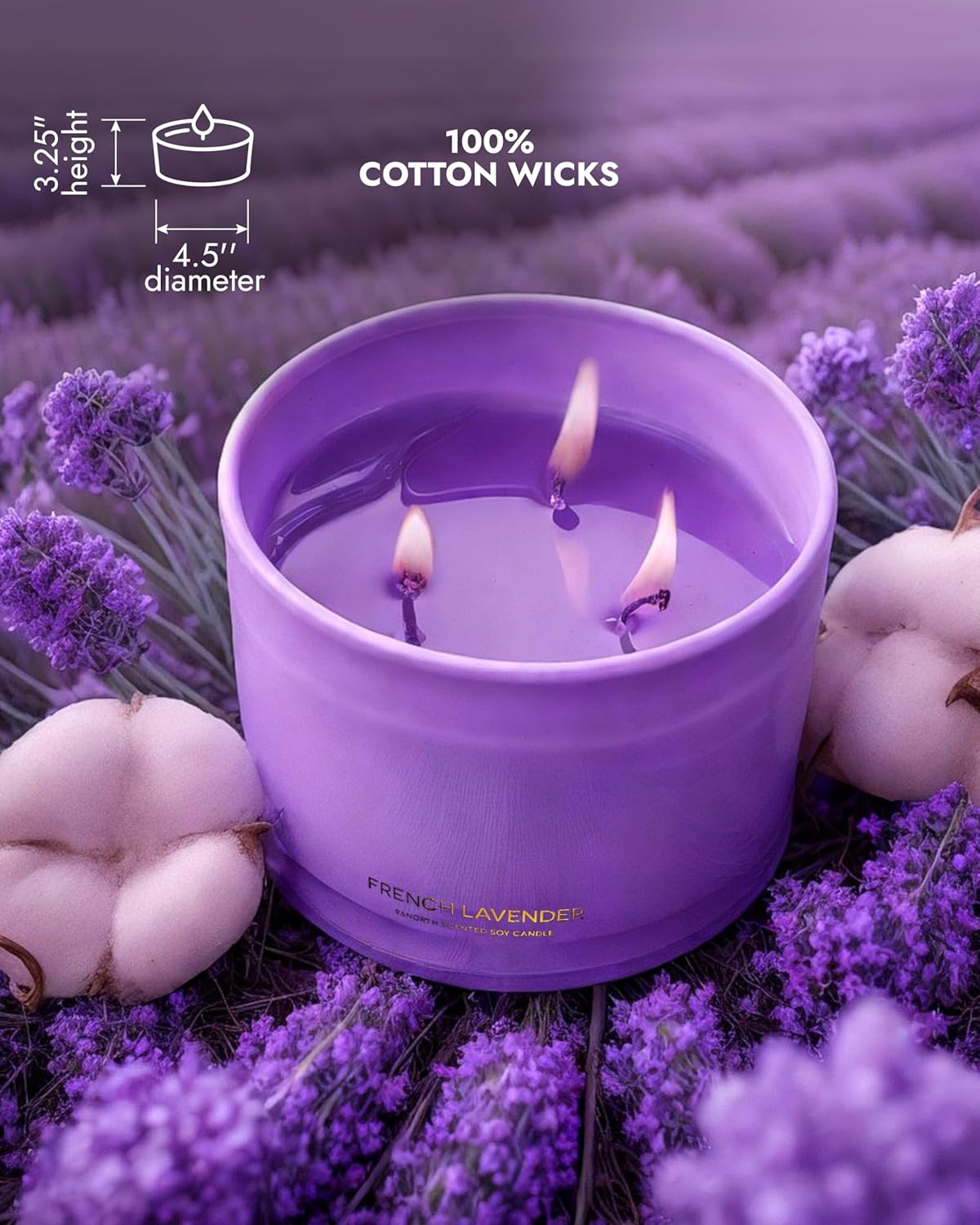 96NORTH Luxury Lavender Soy Candle | Large 3 Wick Jar Candle | Up to 50 Hours Burning Time | 100% Natural Soy Wax | Relaxing Aromatherapy Aesthetic Candle | Housewarming Gift for Women and Men - NestledHome