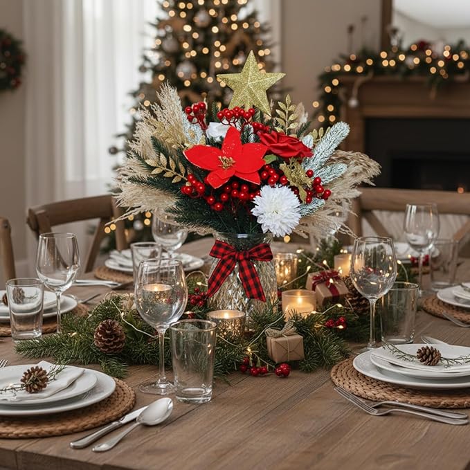 RyddeligHome Christmas Centerpieces for Tables in July, Holiday Table Decor, 100pcs Christmas Floral Arrangements in Vase, Pottery Xmas Decorations, Artificial Poinsettia Red Berry Pine Branches