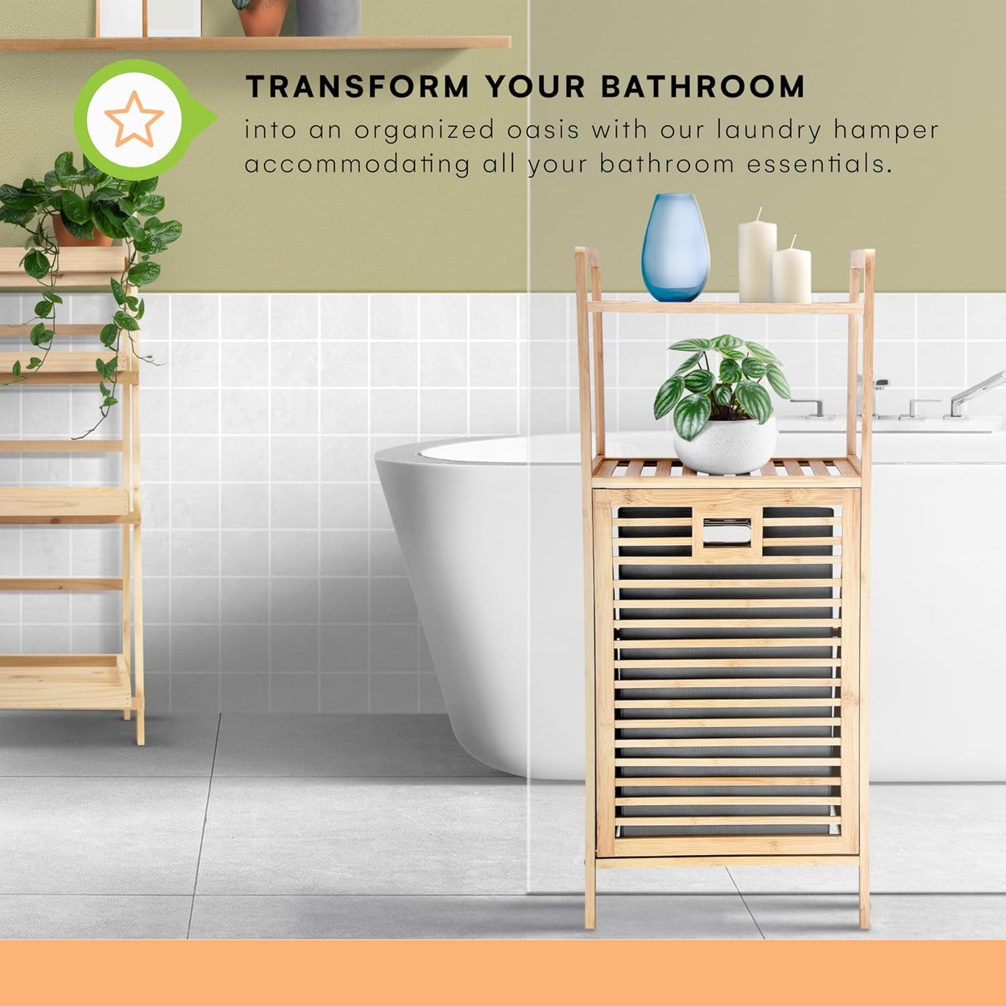 Prosumer’s Choice Bamboo Tilt-Out Laundry Hamper with 2-Tier Storage Shelves – Freestanding Clothes Hamper with Removable Liner, Space-Saving Design for Bathroom or Bedroom – 15.5”L x 11.8”W x 37.4”H - NestledHome