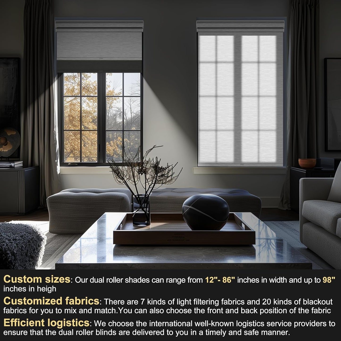 BERISSA Cordless Dual Roller Shades With Cassette Valance, Blackout and Light Filtering, Day and Night for Home Office Door - Grey and White, 35 W x 72" H